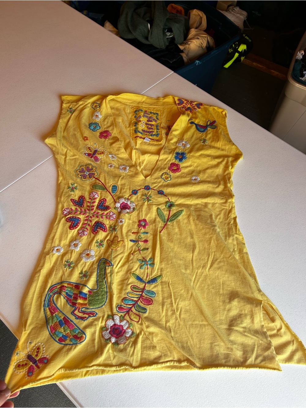 Johnny Was Yellow Embroidered Short Sleeve V-Neck Tee
